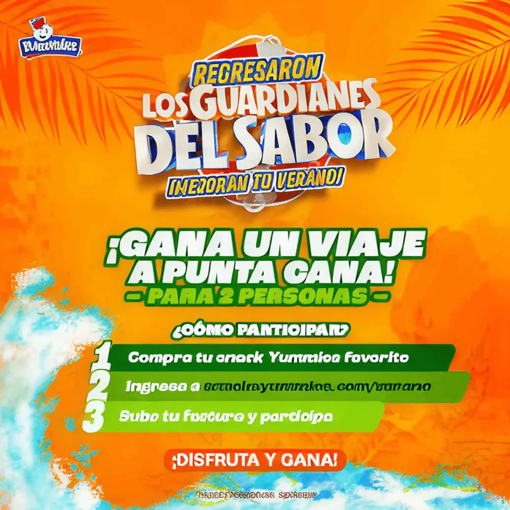 Los Guardianes del Sabor con elementos tropicales, palmeras y salpicaduras de agua